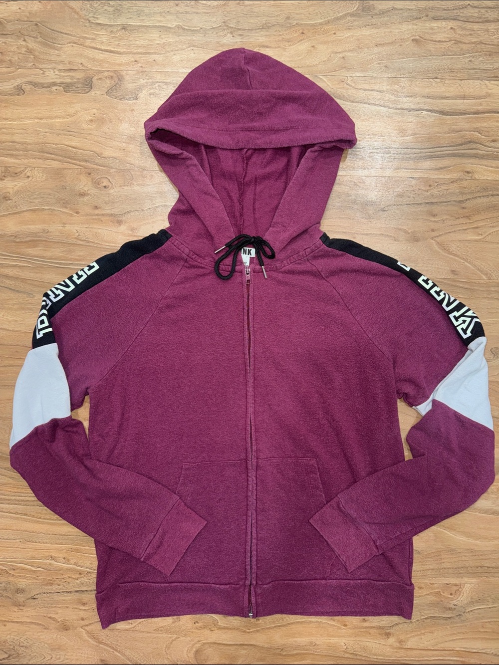 PINK Victoria's Secret Burgundy Full-Zip Hoodie with Black & White Sleeve Accent